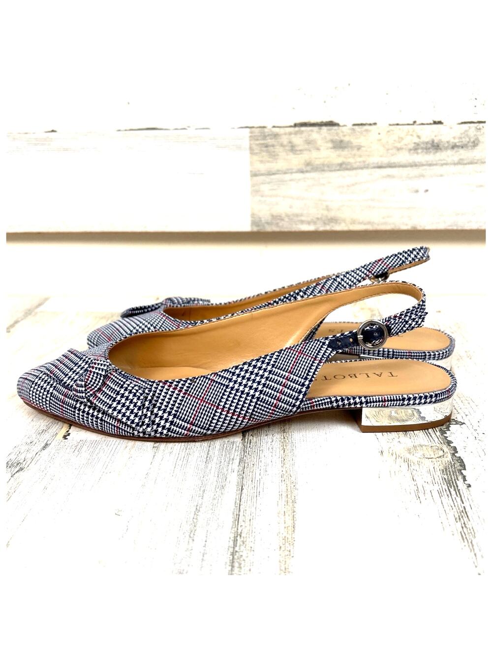Talbots 7 Black White Plaid Edison Flats Preppy Slingback NEW Workwear